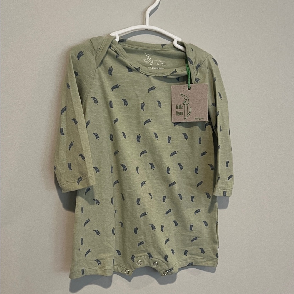 kate quinn Olive Green Long-Sleeve Baby Romper with Navy Brushstroke Print